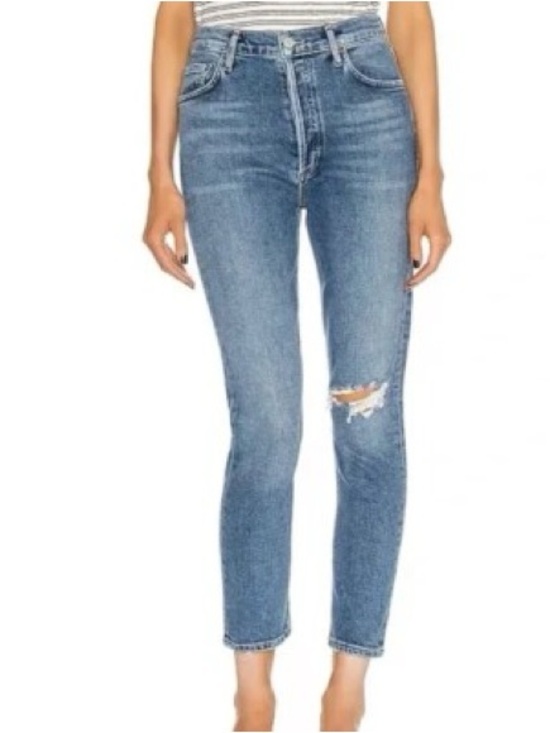 Agolde Denim - Agolde Mid-Blue High-Rise Cropped Skinny Jeans with Knee Distress